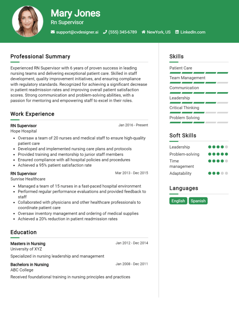 Rn Supervisor Resume Example for 2025: Best Writing Guide