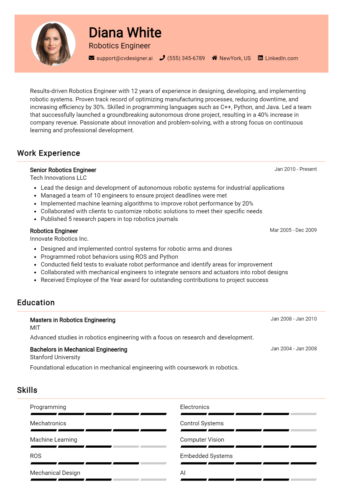 Robotics Engineer Resume Example