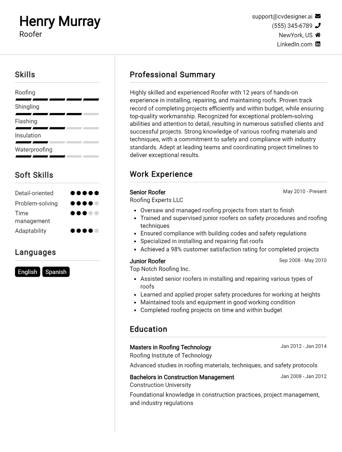 Roofer CV Example