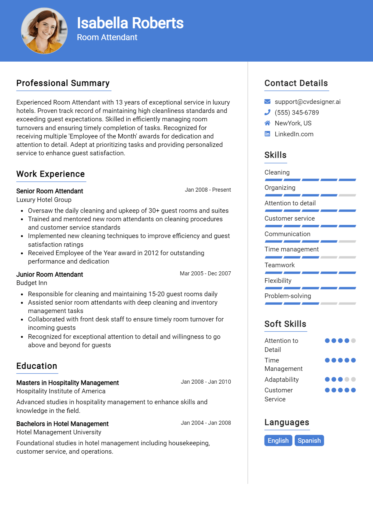Room Attendant Resume Example