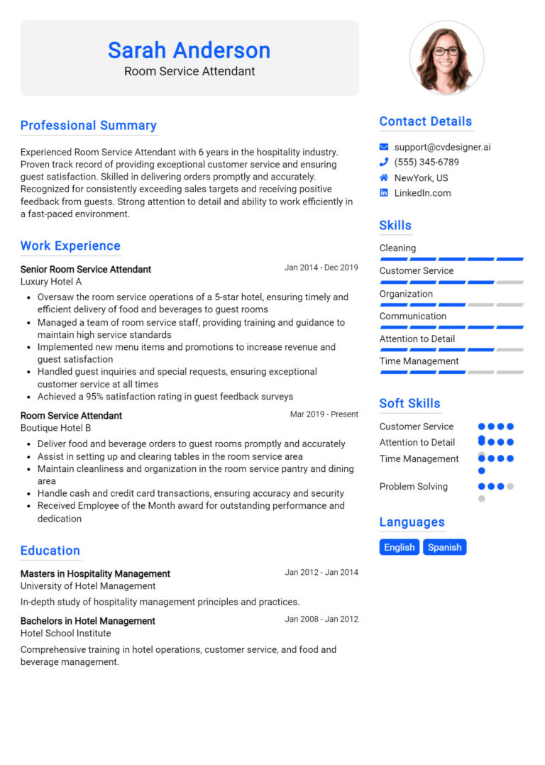 Room Service Attendant Resume Example for 2025: Free Professional Templates