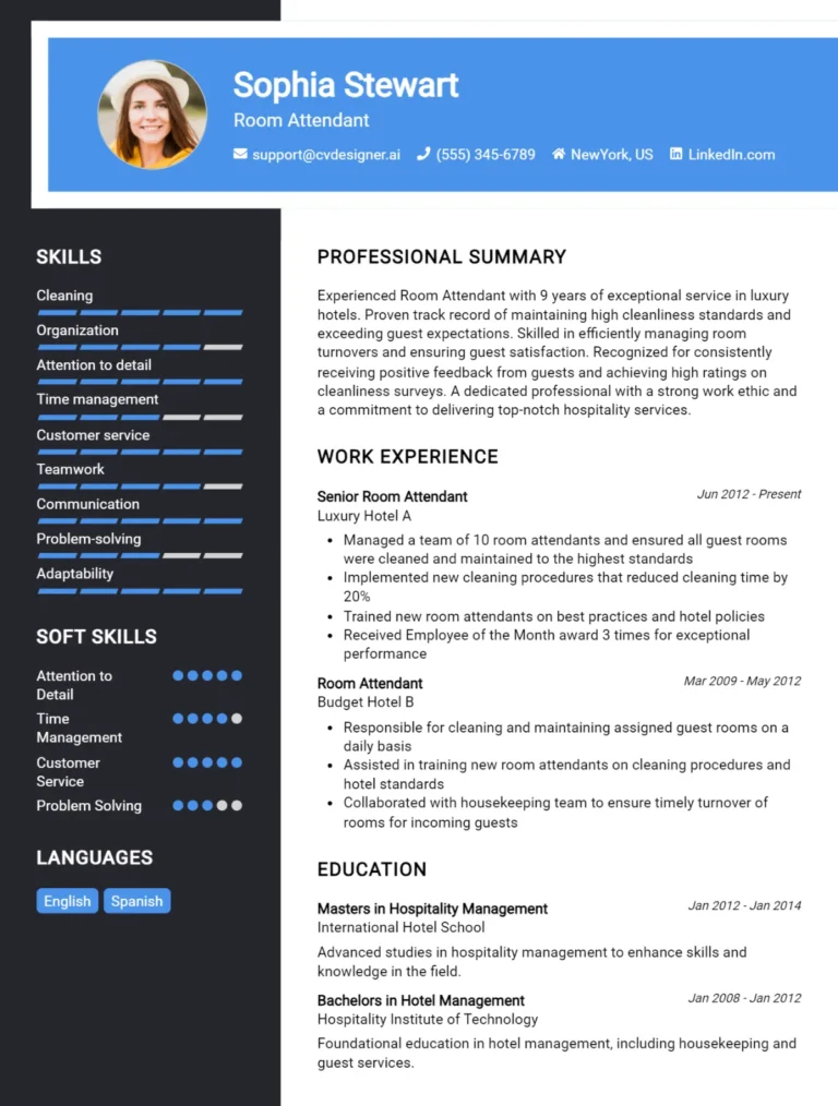 Room Attendant CV Example For 2025: Top CV Skills