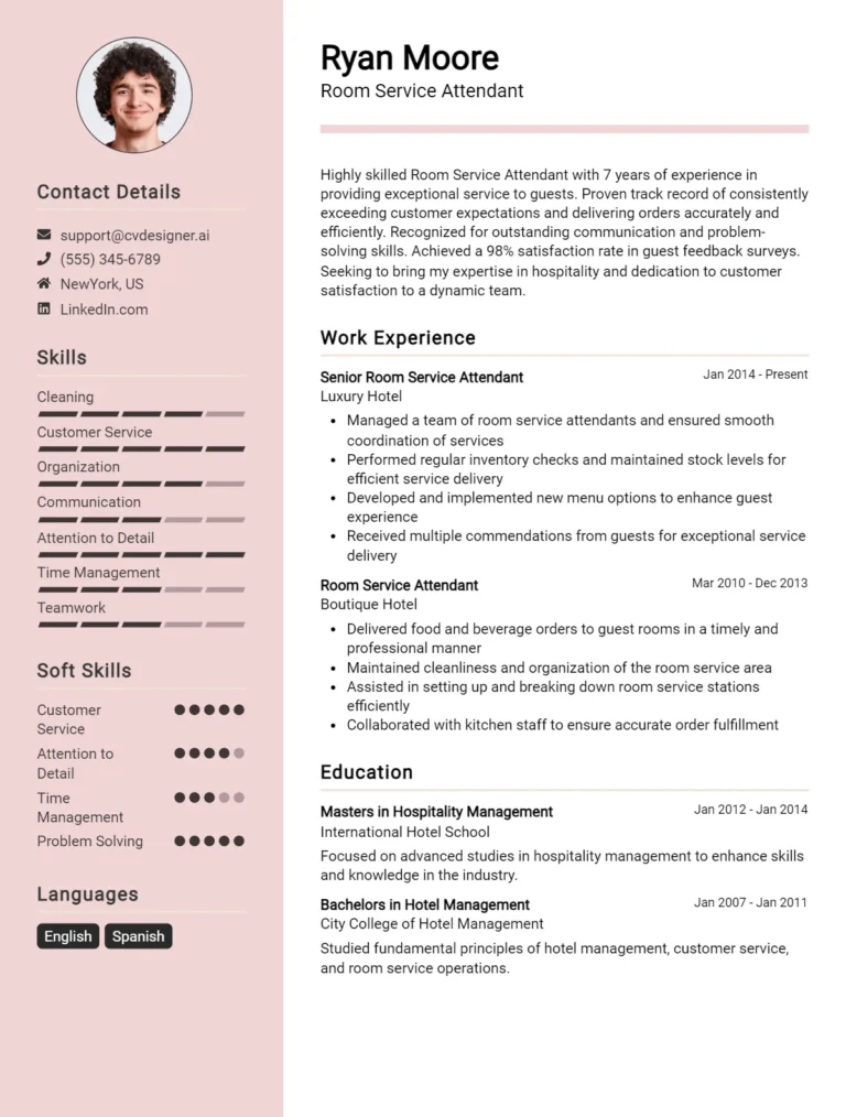 Room Service Attendant CV Example For 2025: Samples & Best Practices