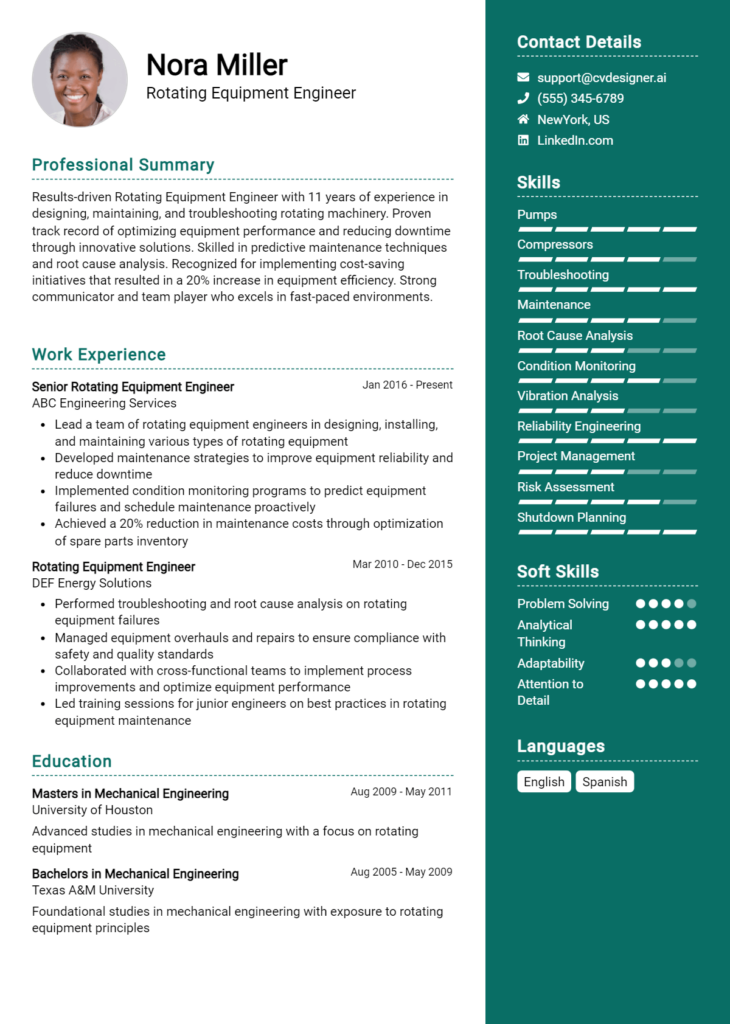 Rotating Equipment Engineer Resume Example
