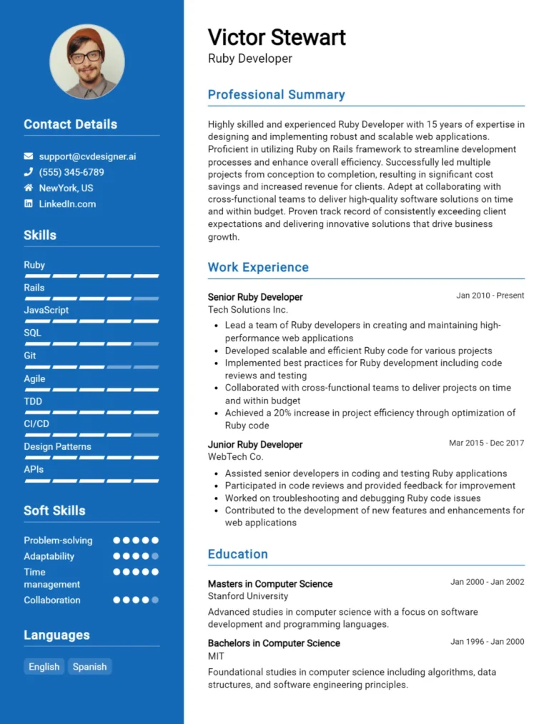 Ruby Developer CV Example For 2025: Best Writing Guide