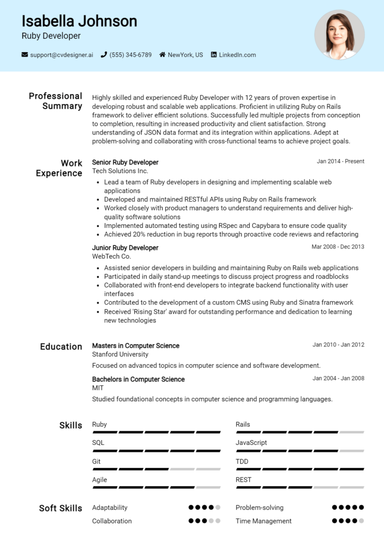 Ruby Developer Resume Example for 2025: Writing Guide