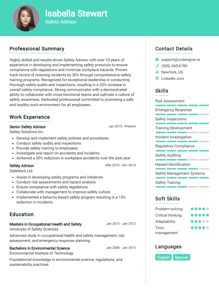 Safety Advisor Resume Example for 2025: Best Writing Tips