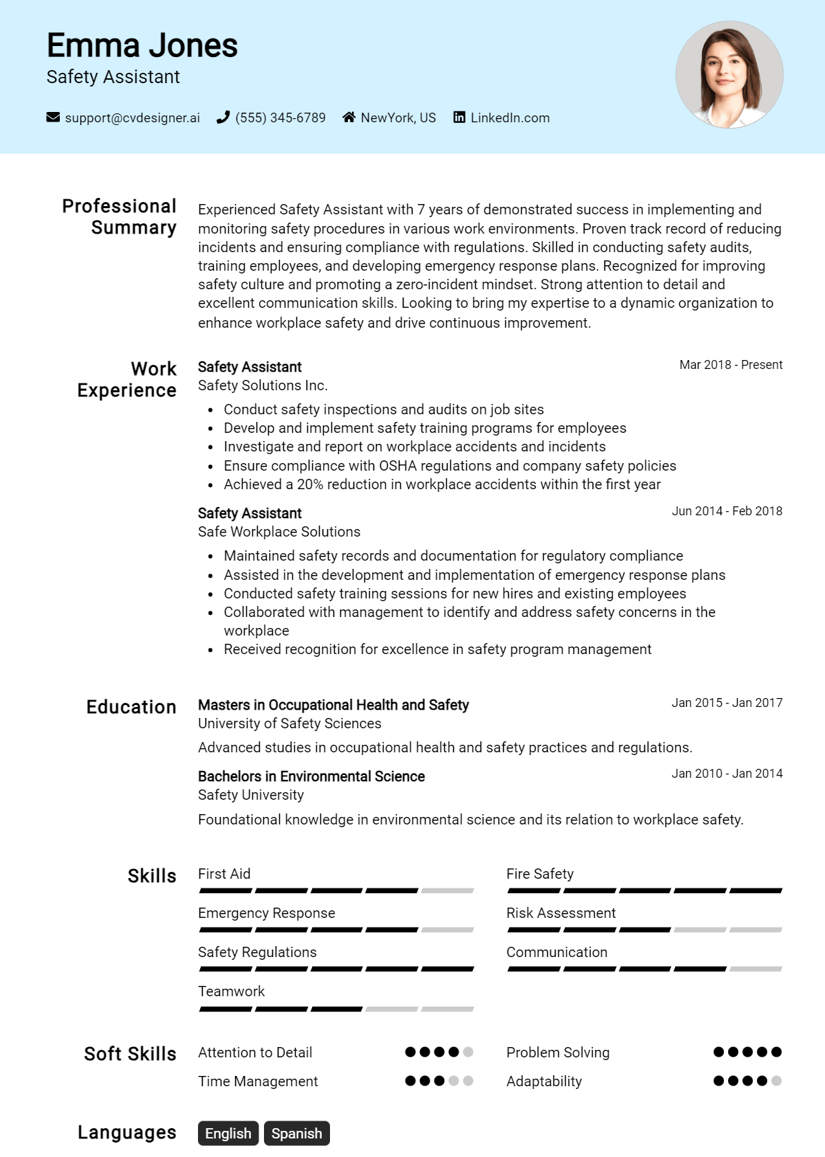Safety Assistant Resume Example