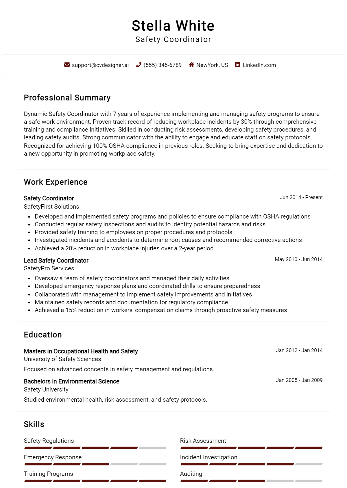 Safety Coordinator Resume Example