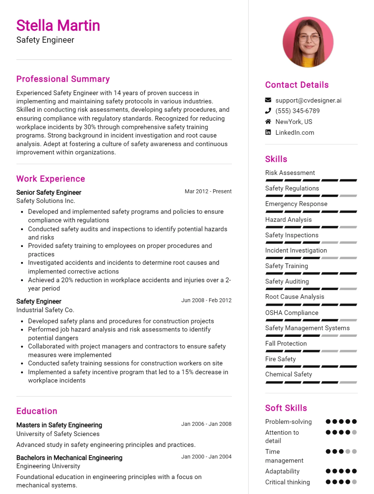 Safety Engineer CV Example For 2024: Top Tips & Samples - CVDesigner.ai