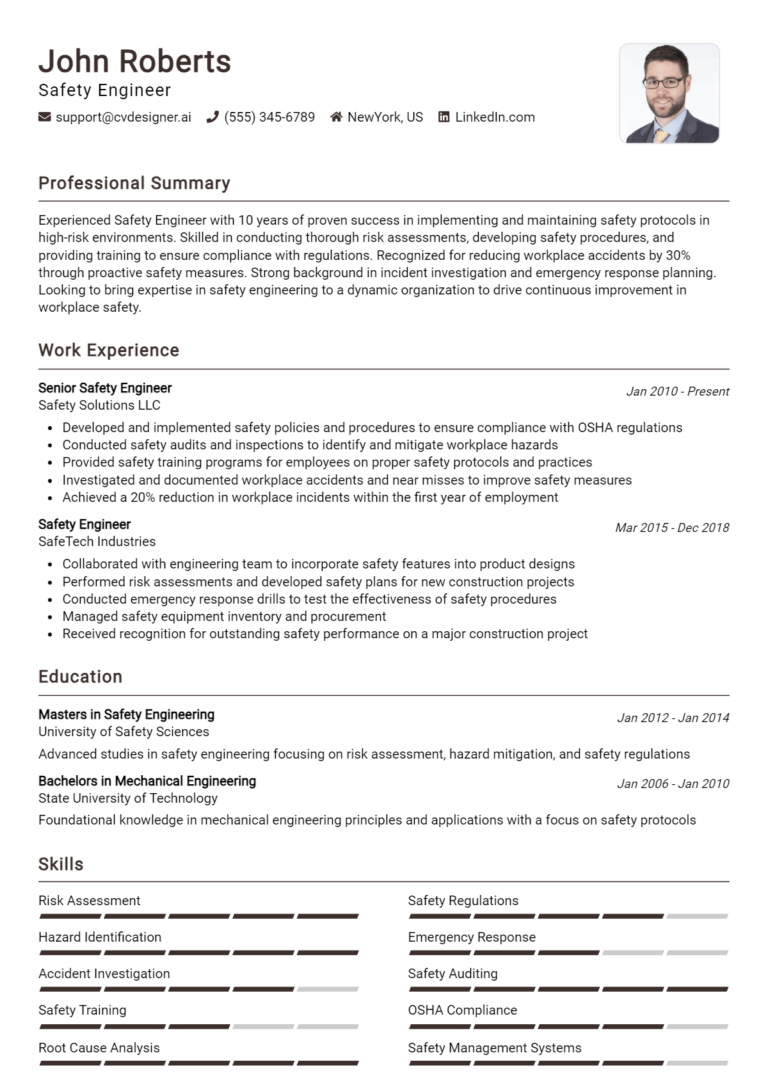 Safety Engineer Resume Example for 2025: Tips & Templates