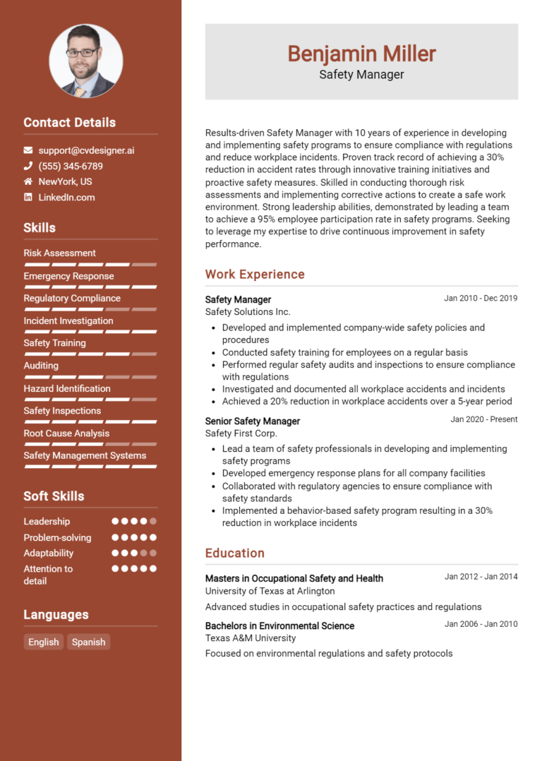 Safety Manager Resume Example for 2025: Top CV Skills