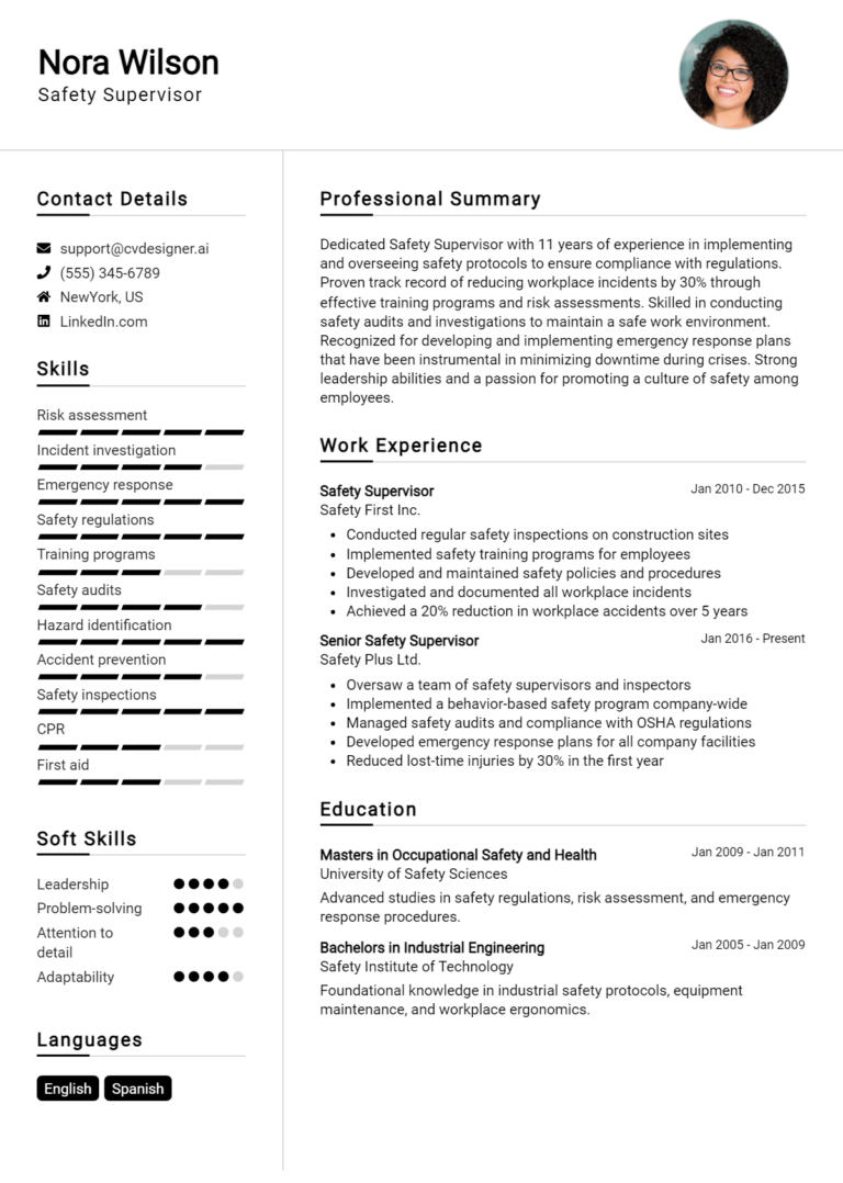 Safety Supervisor Resume Example for 2025: Effective Tips