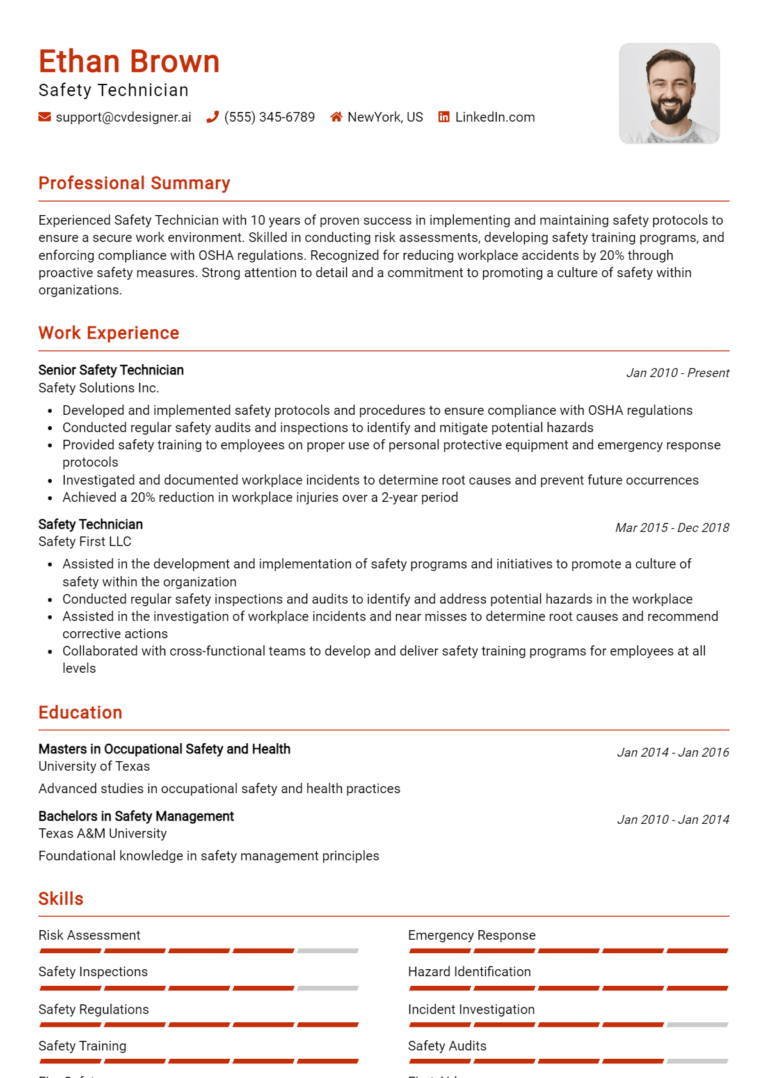 Safety Technician Resume Example for 2025: Free Examples