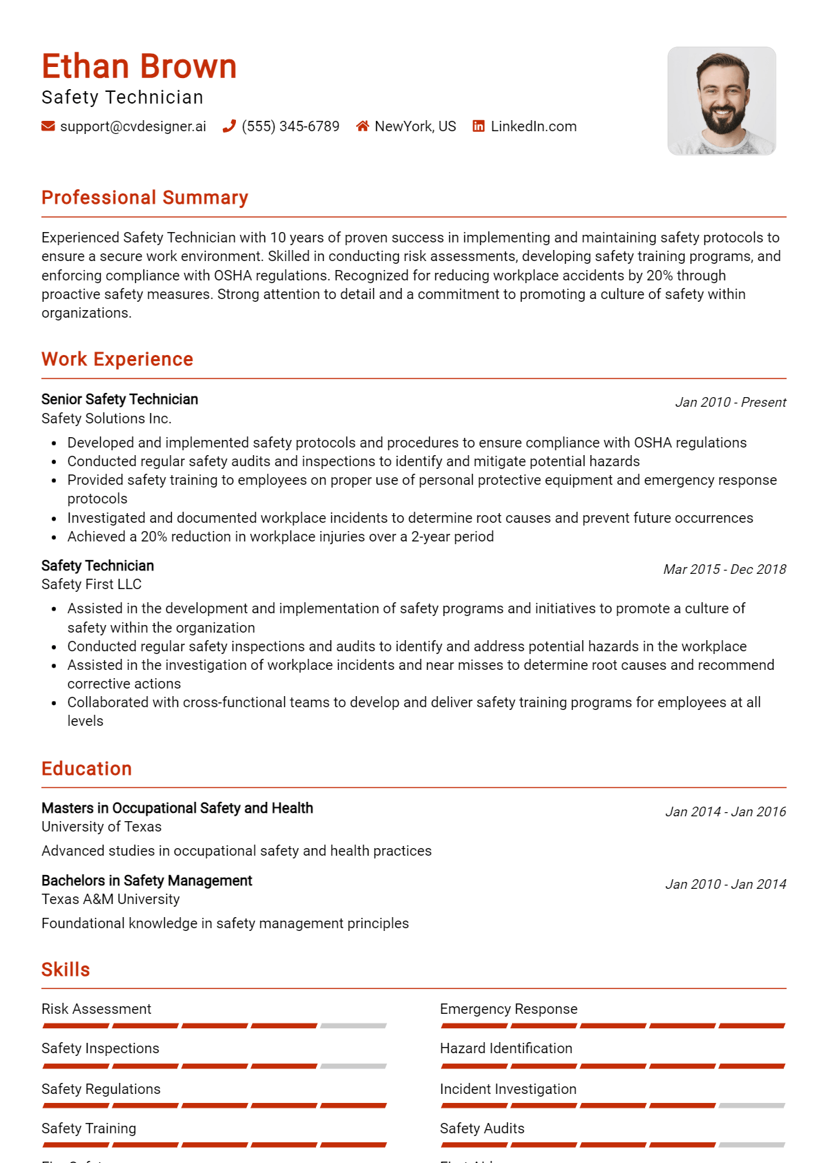 Safety Technician Resume Example for 2024: Free Examples - CVDesigner.ai