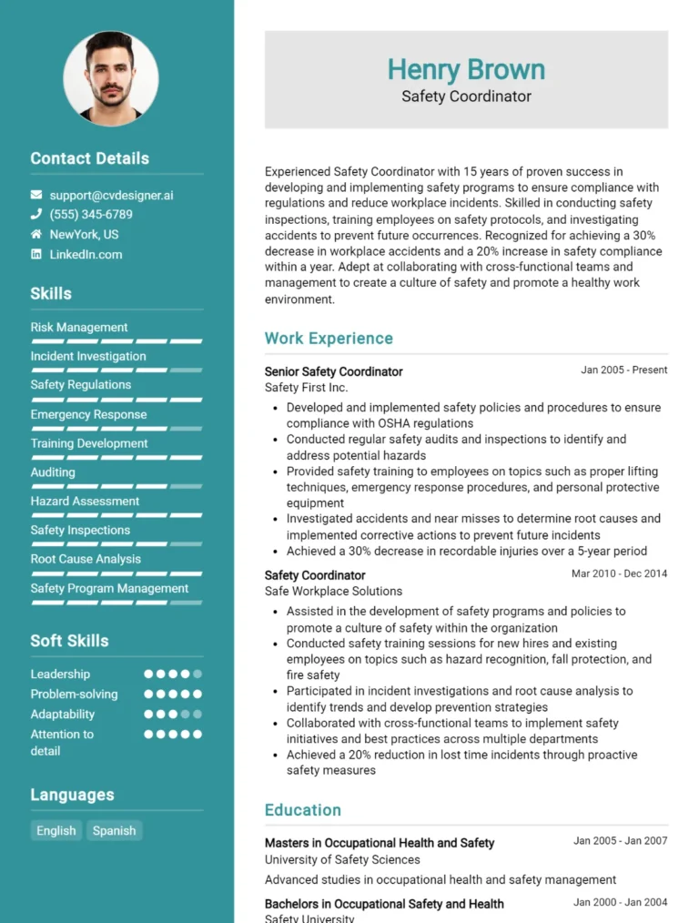 Safety Coordinator CV Example For 2025: Free Downloadable Templates