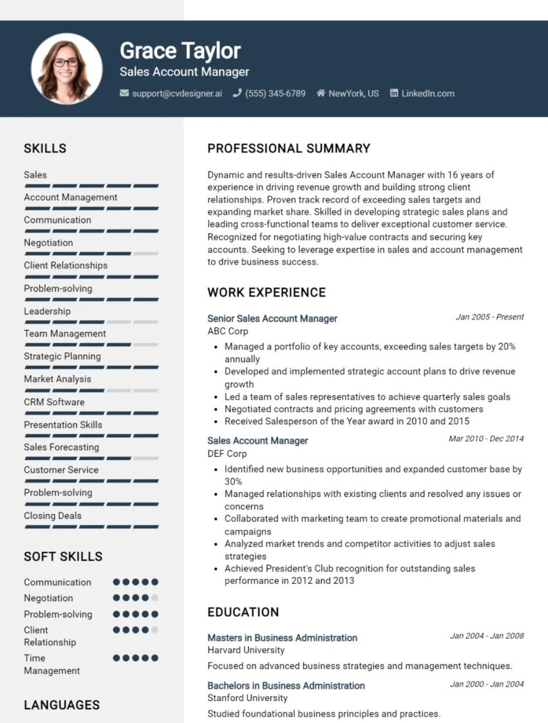 Sales Account Manager CV Example For 2025: Ultimate Guide