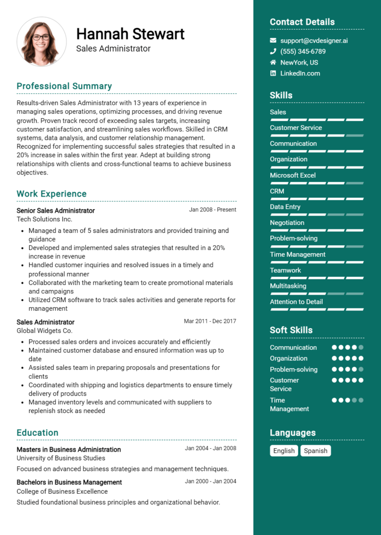 Sales Administrator Resume Example for 2025: Free Samples