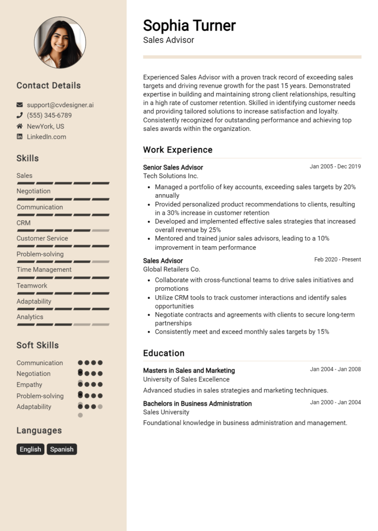 Sales Advisor Resume Example for 2025: Examples & Free Templates