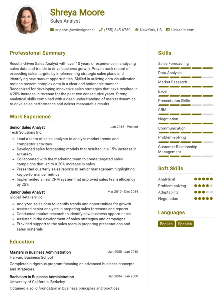 Sales Analyst CV Example For 2025: Best Writing Guide
