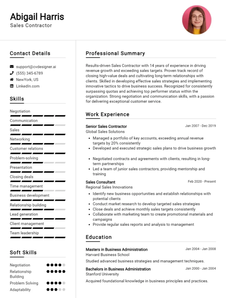 Sales Contractor CV Example