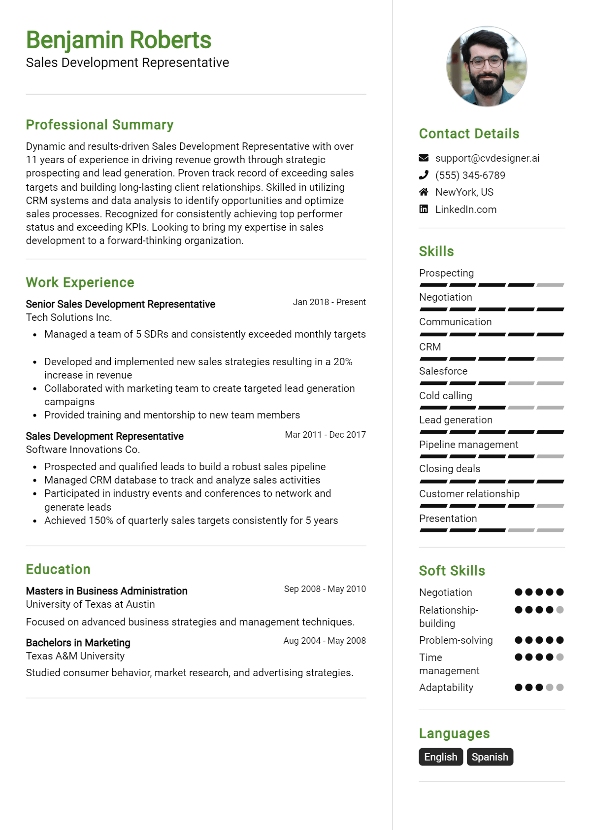 Sales Development Representative Resume Example