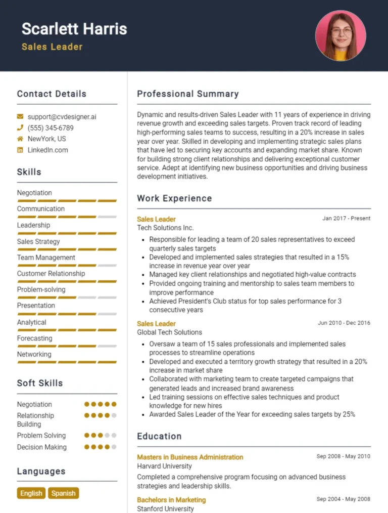 Sales Leader CV Example For 2025: Professional CV Templates