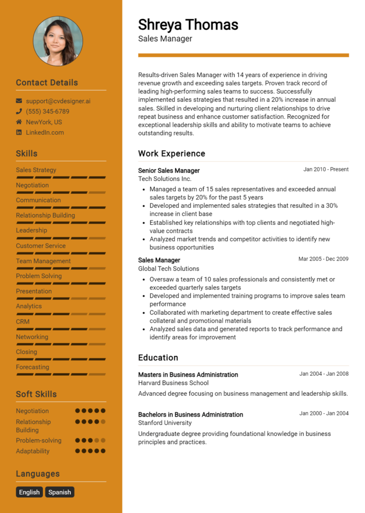 Sales Manager Resume Example