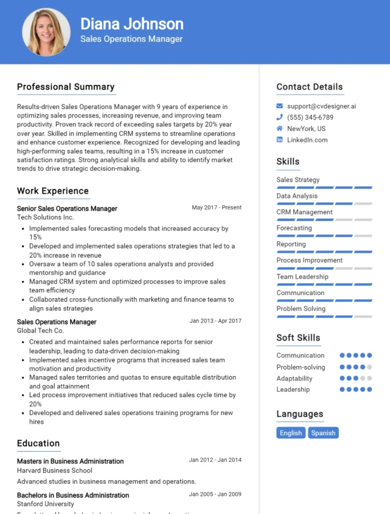 Sales Operations Manager CV Example