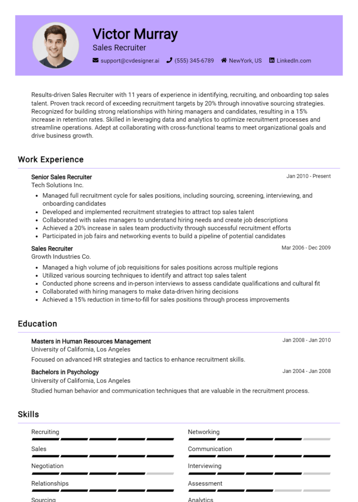 Sales Recruiter Resume Example for 2024: Effective Tips - CVDesigner.ai