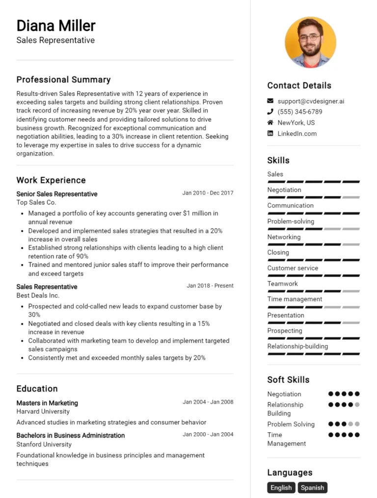 Sales Representative CV Example For 2025: Samples & Best Practices