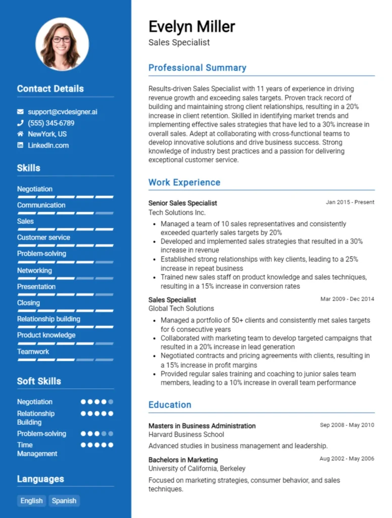 Sales Specialist CV Example