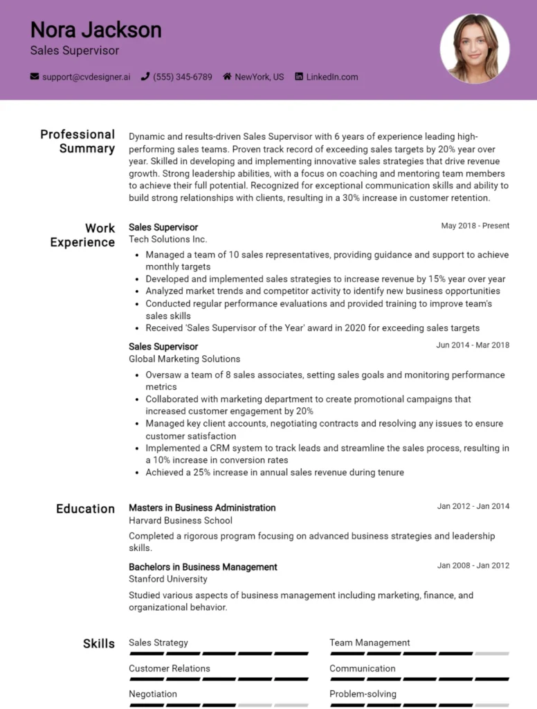 Sales Supervisor CV Example