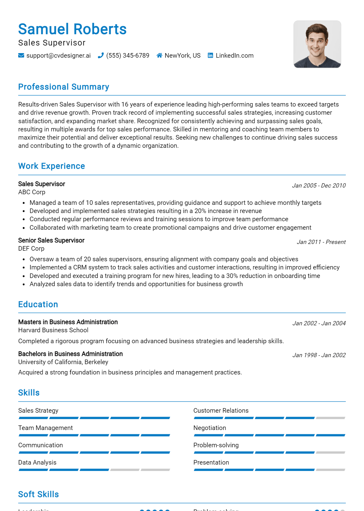 Sales Supervisor Resume Example