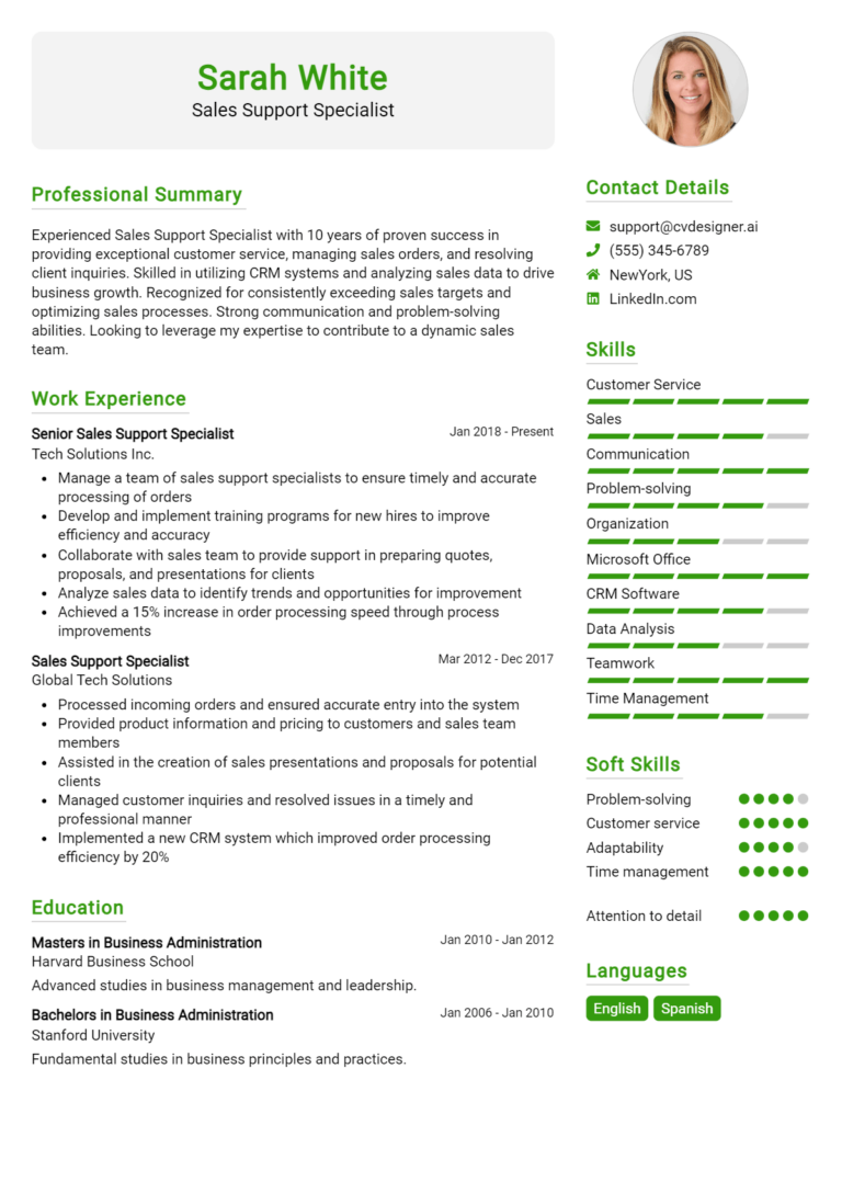 Sales Support Specialist Resume Example for 2025: Resume Guide