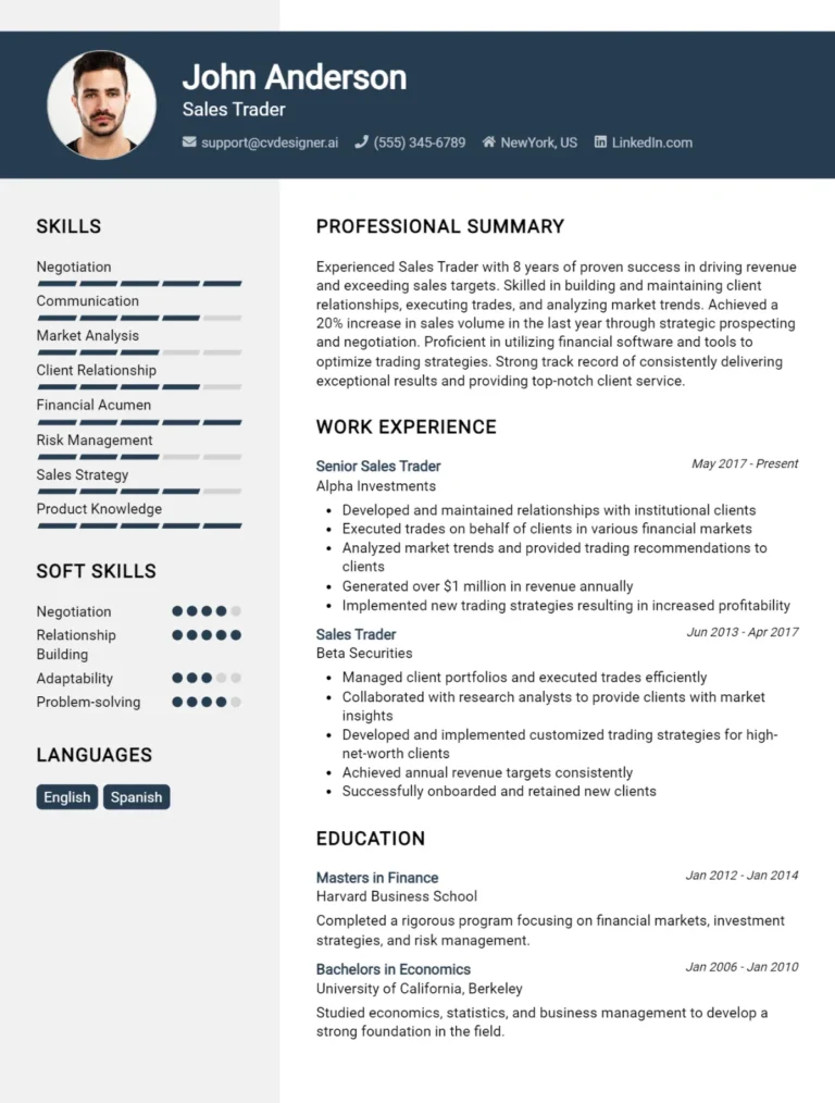 Sales Trader CV Example For 2025: Free Downloadable Templates