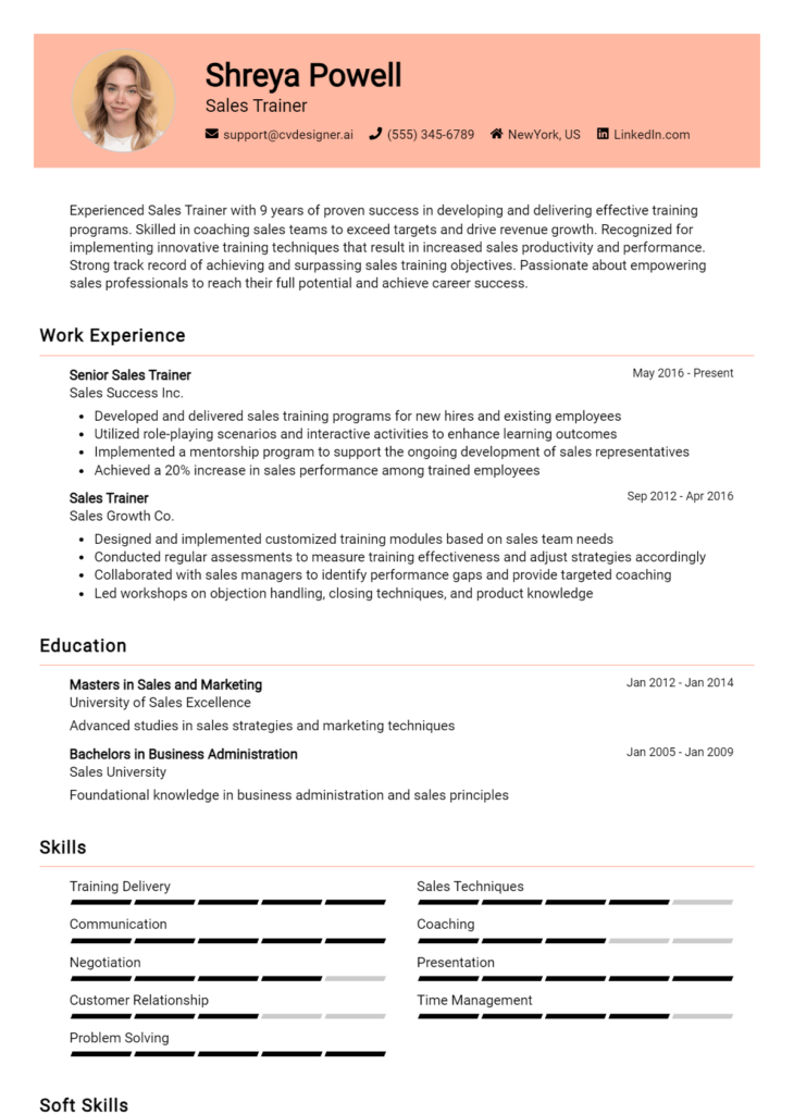 Sales Trainer Resume Example for 2024: Best Writing Tips - CVDesigner.ai