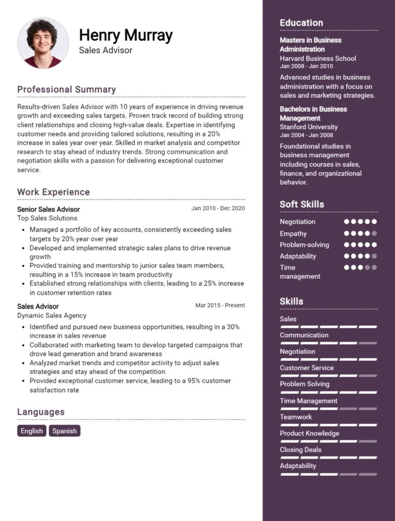 Sales Advisor CV Example For 2025: Strategies & Templates
