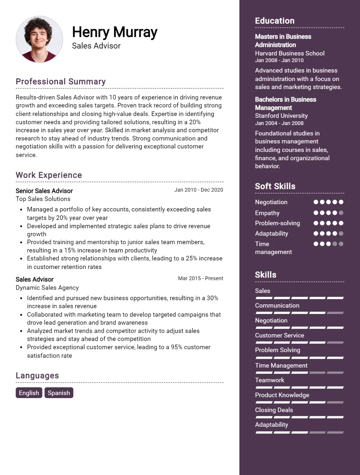 Sales Advisor CV Example