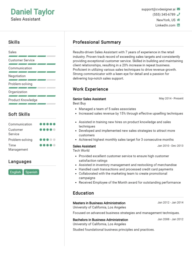 Sales Assistant CV Example For 2025: Free Professional Templates