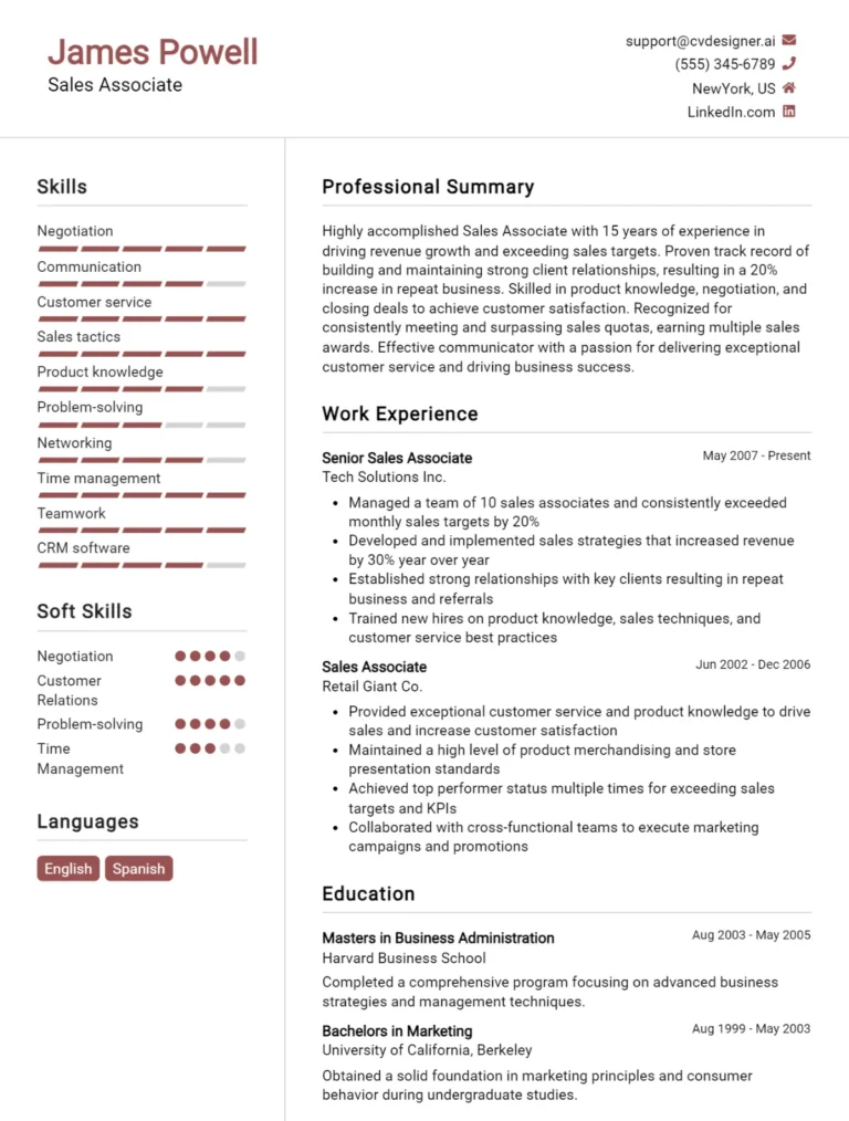 Sales Associate CV Example For 2025: Best Tips & Templates