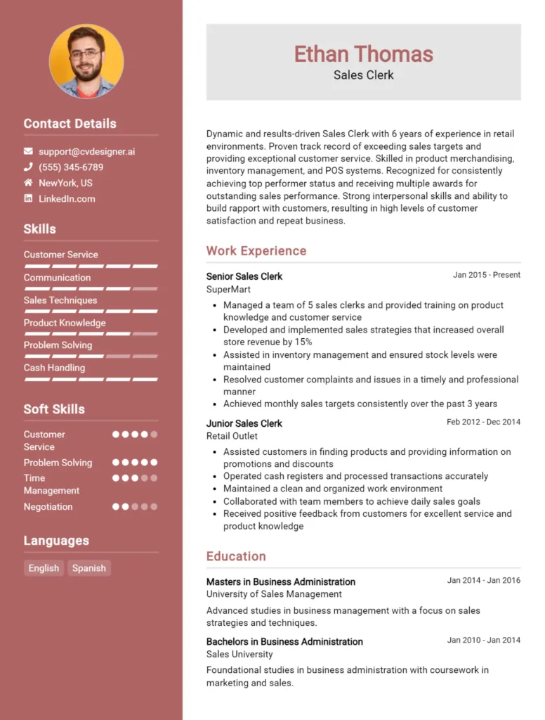 Sales Clerk CV Example