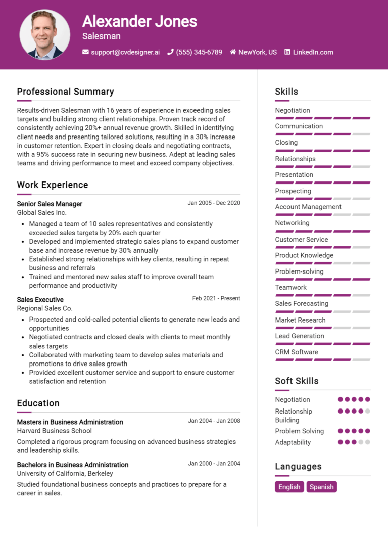 Salesman Resume Example for 2025: Ultimate Guide