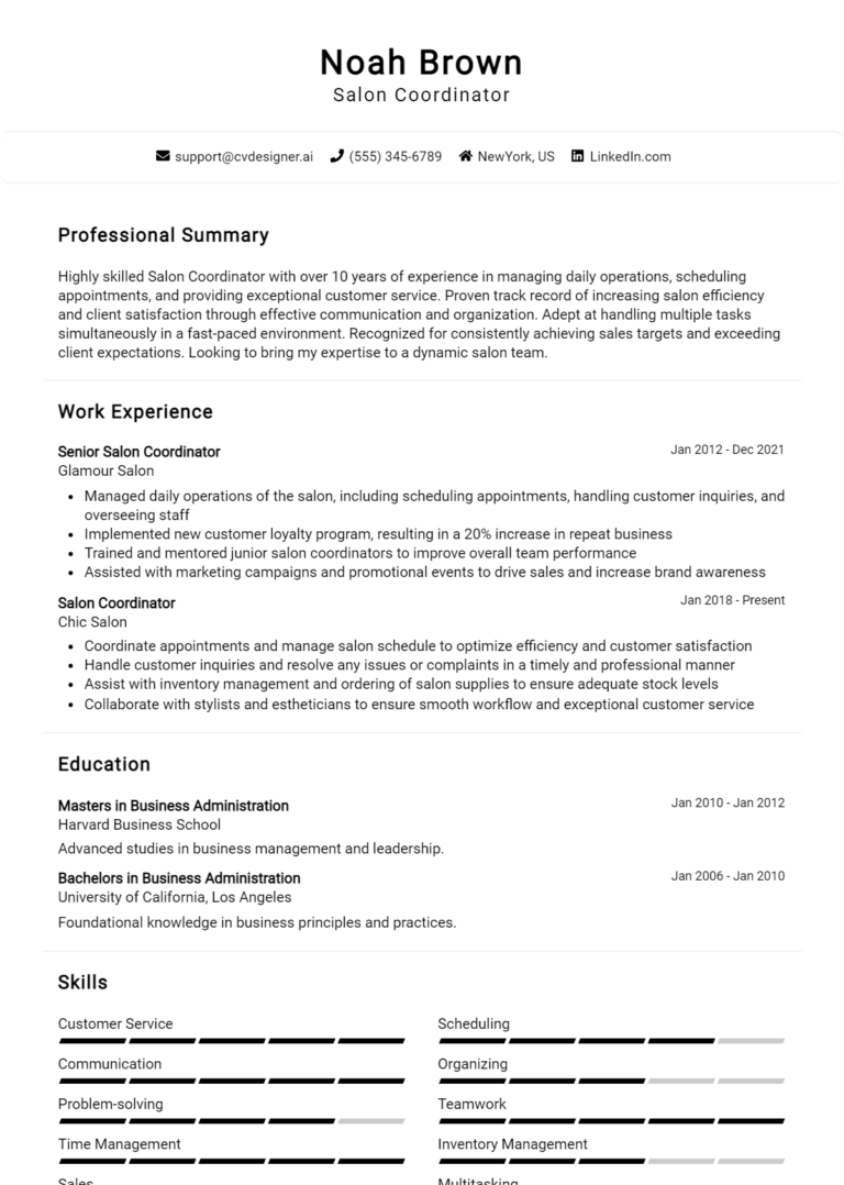 Salon Coordinator Resume Example for 2025: Best Writing Guide
