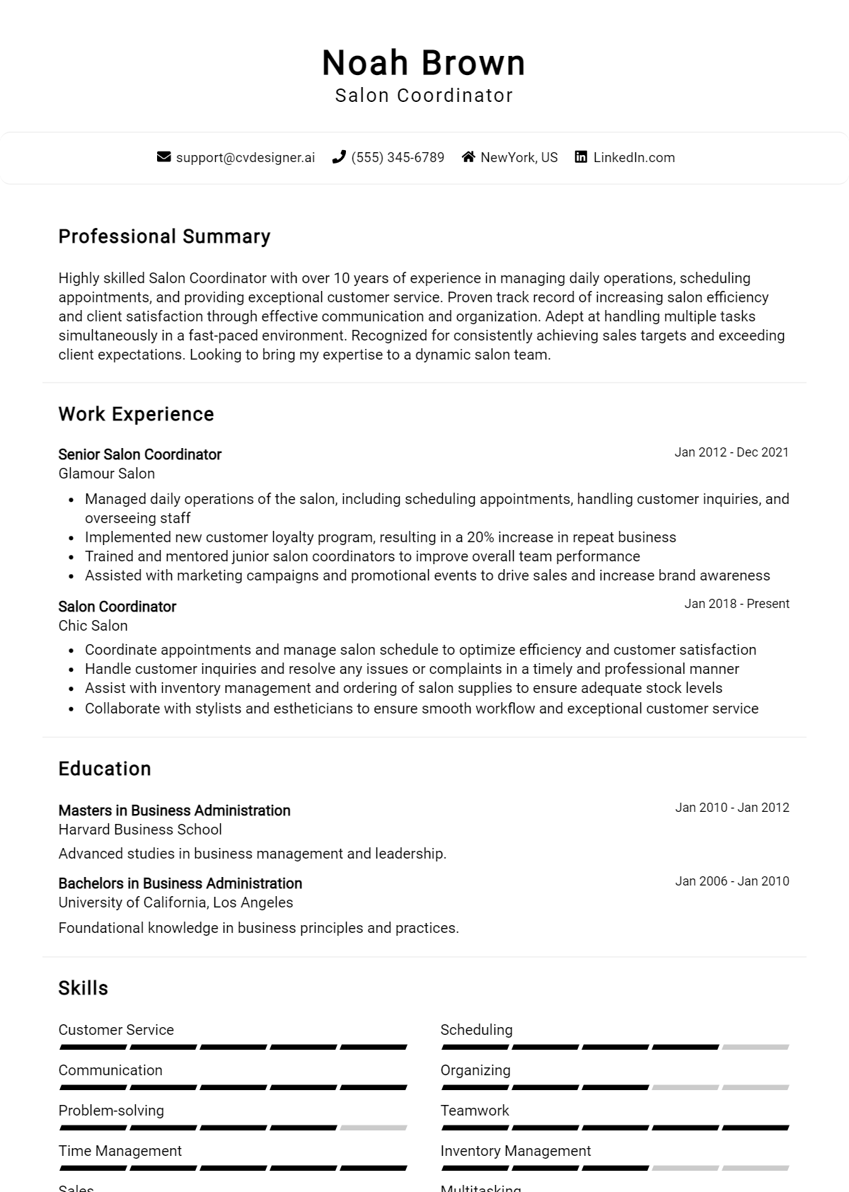 Salon Coordinator Resume Example