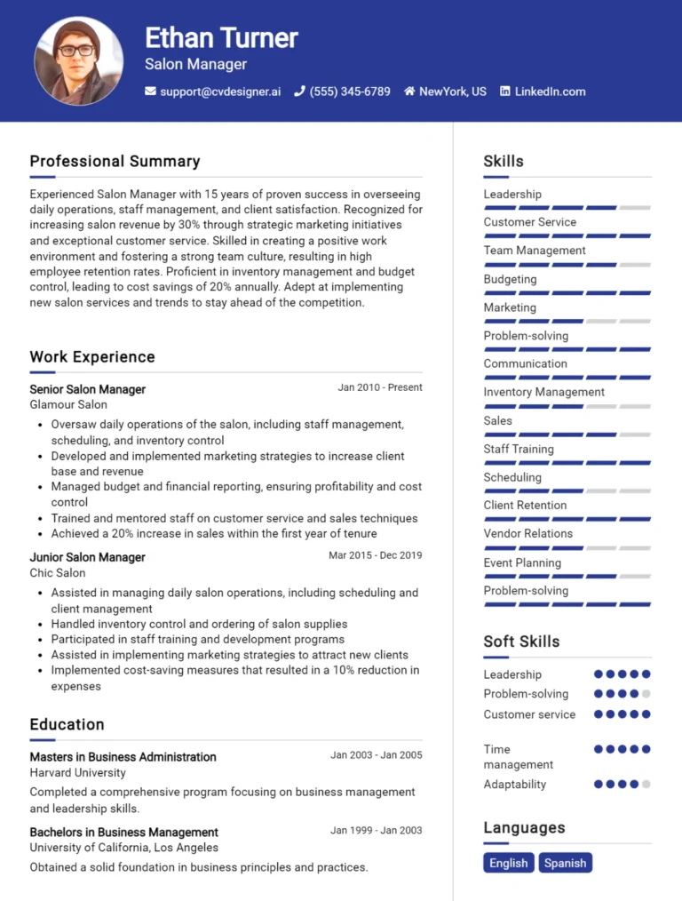 Salon Manager CV Example For 2025: Free Professional Templates