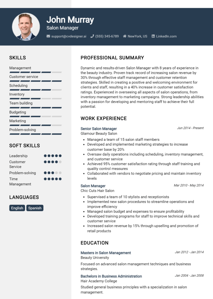 Salon Manager Resume Example for 2024: Downloadable Templates ...