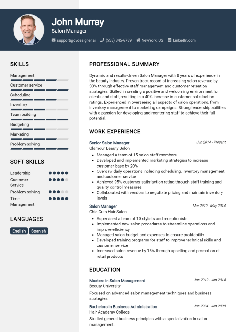 Salon Manager Resume Example for 2025: Downloadable Templates