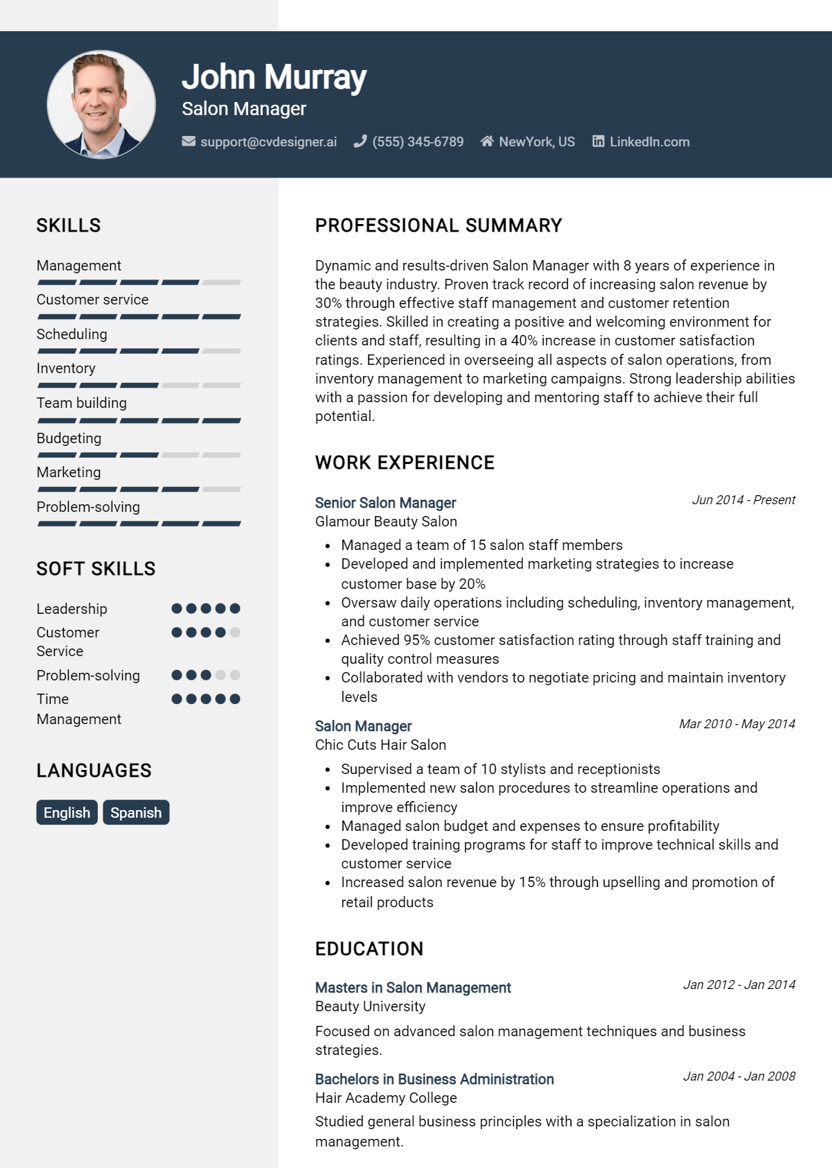 Salon Manager Resume Example