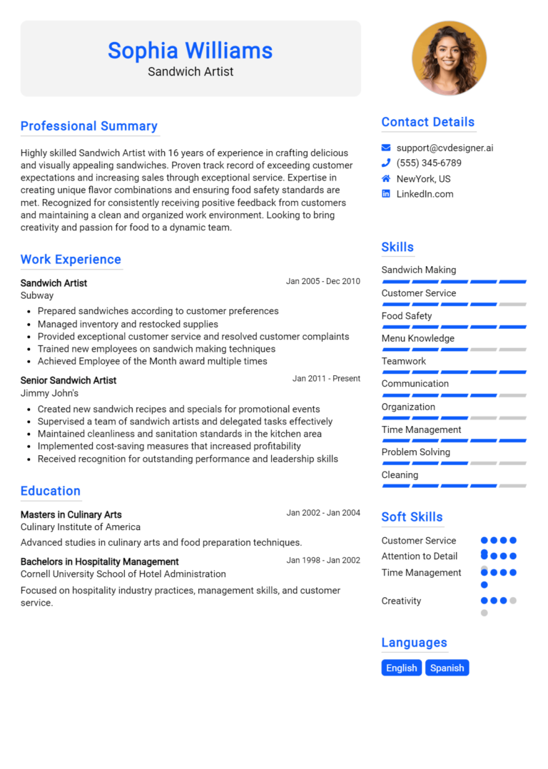 Sandwich Artist Resume Example for 2025: Samples & Best Practices